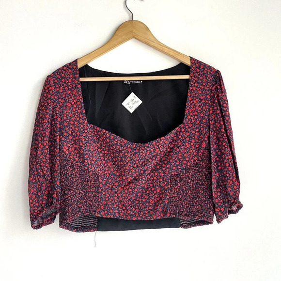 NWT Zara Micro floral Sweetheart neckline HAlf Sleeve Crop Top XL - Picture 3 of 6